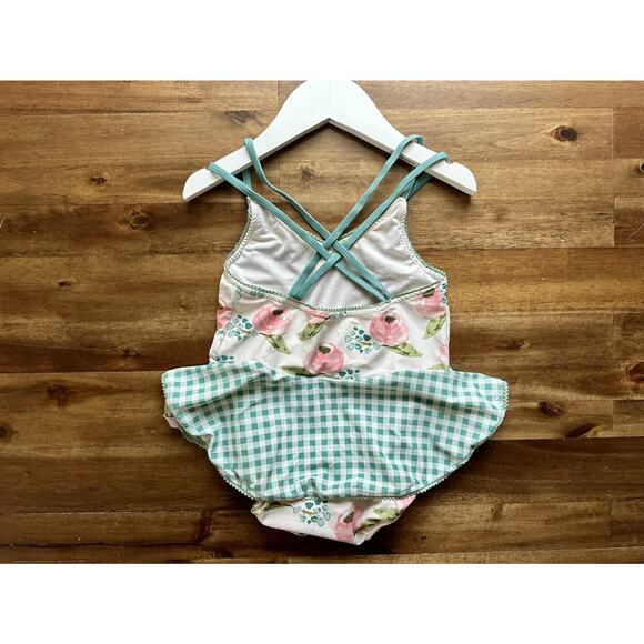 SweetHoney Morgan Skirted One Piece Swimsuit Creamy Floral Pink Green Gingham 5 - Picture 4 of 9
